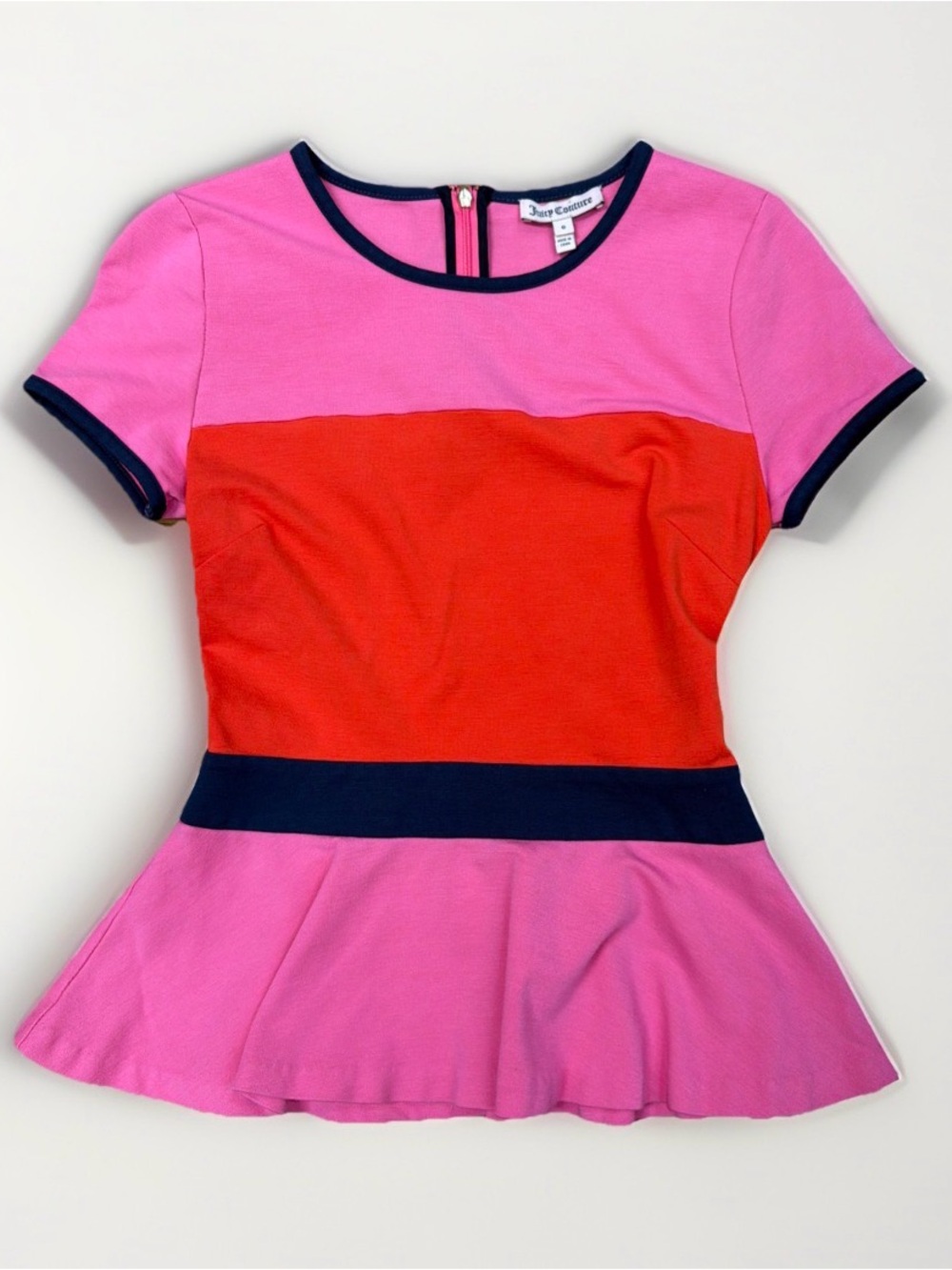 Juicy Couture Color Block Pink Red Short Sleeve Peplum Top Size 0